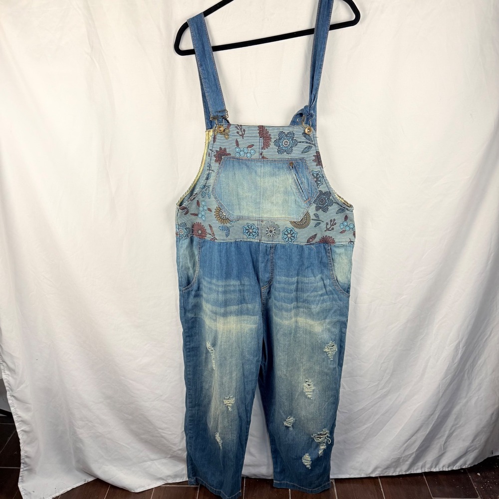 Monthorigin Patchwork Bib Overalls Distressed Large Boho Artsy Floral Lagenlook